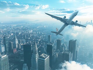 Airplane flying over a bustling cityscape under a bright sky