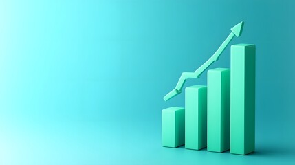 Rising bar graph with an increasing trend arrow, symbolizing growth, success, and positive business performance against a teal background.