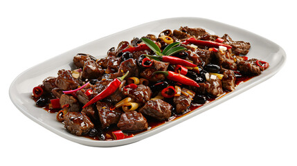 Delicious chinese beef stir-fry with colorful vegetables, presented on a clean white plate, highlighting a tasty and appealing dish