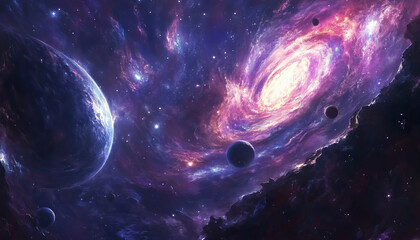 Illustrate a deep space galaxy scene with vibrant swirling nebulae, distant stars, and planets in the foreground. The colors should be a mix of dark purples, blues, and magentas with bright, glowing h
