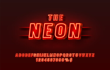 Neon city color red font. English alphabet and numbers sign. Vector illustration