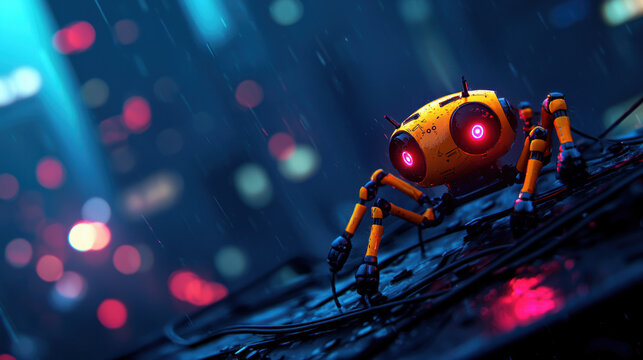 A small robotic spider with glowing eyes on a wet urban rooftop at night, surrounded by vibrant city lights and a futuristic atmosphere.