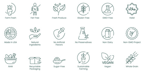 Illustration Icons of Farm Fresh, Fat-Free, Fresh Produce, Gluten-Free, GMO-Free, Halal, Made in USA, Natural Ingredients, No Artificial Flavors, No Preservatives, Non-Dairy, Non-GMO Project, Raw, Rec