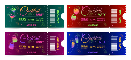 Set of Cocktail Party Invitation Tickets Design with colorful drinks, event details and admit one
