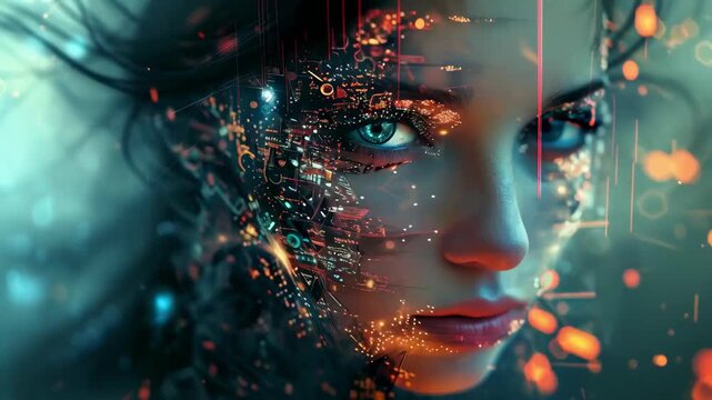 A close-up of a young woman with glowing blue eyes, her face adorned with digital enhancements and circuitry patterns. The futuristic design suggests cyberpunk influences. The mood is intense, with a