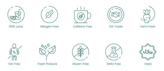 Illustration Icons of 100% Juice, Allergen-Free, Caffeine-Free, Farm-Fresh, Fat-Free, Fresh Produce, Gluten-Free, GMO-Free, Halal