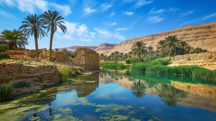 Oasis in the desert, mysterious ancient ruins, perfect travel wallpaper