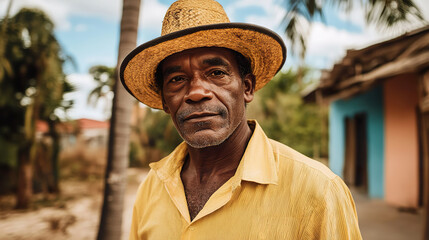 Haitian senior man smiling outdoors in vibrant urban setting