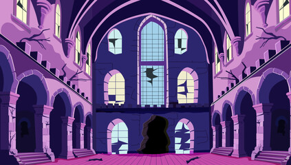 creepy, ballroom in medieval royal palace with broken floor tiles, cracked columns and arched windows, dusty cobwebs and empty torches on stone walls, scary dark corridor creepy Halloween scene