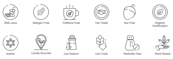 100% Juice, Allergen-Free, Caffeine-Free, Fair Trade, Nut-Free, Organic Certification, Kosher, Locally Sourced, Low Sodium, Low Carb, Pesticide-Free, and Plant-Based Vector Illustration Icon Set