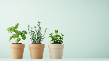 Obraz premium 3D illustration of Organic herb garden, pots with fresh basil, mint, and rosemary