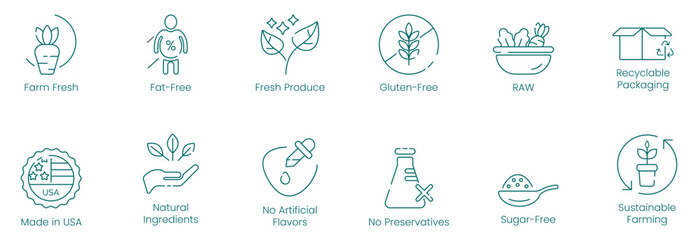 Illustration Icons of Farm Fresh, Fat-Free, Fresh Produce, Gluten-Free, Raw, Recyclable Packaging, Made in USA, Natural Ingredients, No Artificial Flavors, No Preservatives, Sugar-Free, Sustainable Fa