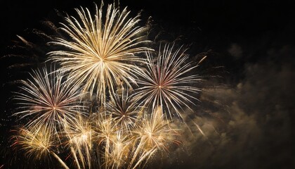 Fireworks exploding in a night sky for wallpaper, design, graphic, print or banner with copy space