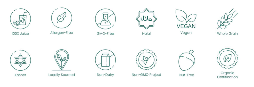 100% juice, allergen-free, caffeine-free, farm-fresh, fat-free, fresh, fresh-produced, gluten-free, gmo-free, halal, health, icon, illustration, kosher, locally sourced, low carb, low sodium, made in 