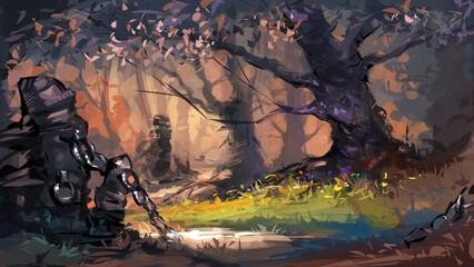 Dark forest landscape. Digital painting illustration.