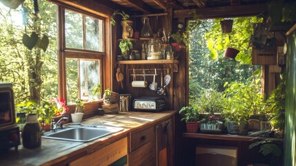 Fototapeta premium Rustic kitchen with natural light and greenery.