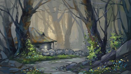 Old house in the forest. Digital painting illustration.