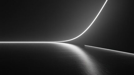 A minimalist scene featuring a smooth surface and a glowing curved line in a dark environment.
