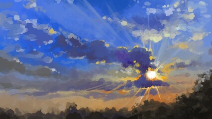 Sunset cloudscape. Digital painting illustration. 