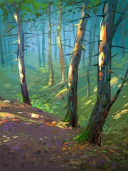 Forest landscape. Digital painting illustration.