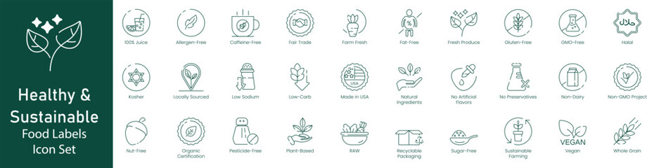 Illustration Icons of 100% Juice, Allergen-Free, Caffeine-Free, Farm-Fresh, Fat-Free, Fresh-Produced, Gluten-Free, GMO-Free, Halal, Kosher, Locally Sourced, Low Sodium, vector icon set