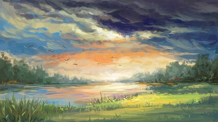 Landscape with sunset. Digital painting illustration.