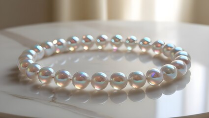 : A vibrant string of crystal beads glistening under bright sunlight, laying on a dark velvet cloth 