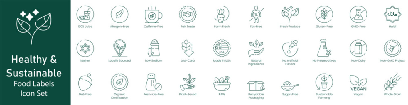 Illustration Icons of 100% Juice, Allergen-Free, Caffeine-Free, Farm-Fresh, Fat-Free, Fresh-Produced, Gluten-Free, GMO-Free, Halal, Kosher, Locally Sourced, Low Sodium, vector icon set