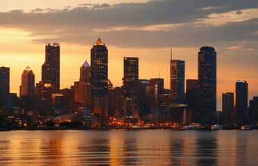 Obraz premium City skyline reflected in water at dusk