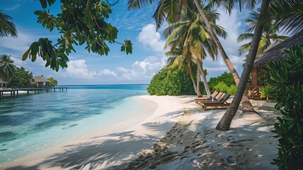 A beach with white sand, turquoise water, palm trees and a thatched roof cabana, seen from under palm trees.