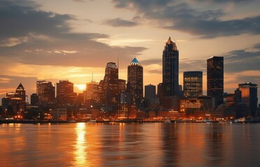 Fototapeta premium City skyline at dusk with a boat on the water.