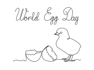 World Egg Day.Abstract broken empty egg, egg shell, small newborn chick. continuous one line art hand drawing sketch, logo