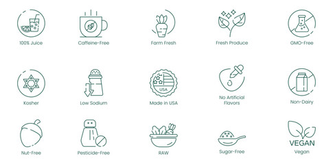 100% Juice, Caffeine-Free, Farm Fresh, Fresh Produce, GMO-Free, Kosher, Low Sodium, Made in USA, No Artificial Flavors, Non-Dairy, Nut-Free, Pesticide-Free, Raw, Sugar-Free, and Vegan Vector icons