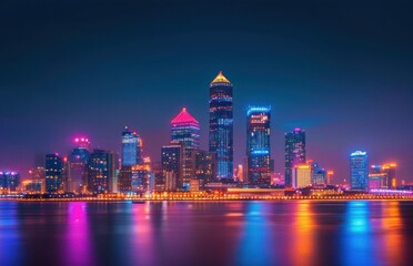 Fototapeta premium Night city skyline illuminated by bright lights
