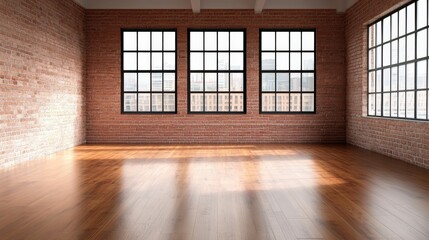 A large room with three windows and a brick wall