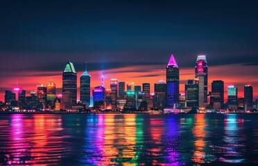 Fototapeta premium Night view of a city skyline illuminated by bright lights
