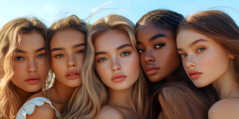 Obraz premium A diverse group of beautiful young women. Girls of different races and skin colors look at the camera. Unity, solidarity, feminism, women's day and foundation palette concept. Women's History Month