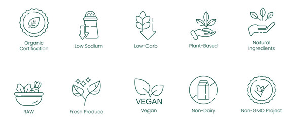 Fototapeta premium Organic Certification, Low Sodium, Low Carbs, Plant-Based, Natural Ingredients, Raw, Fresh Produce, Vegan, Non-Dairy, and Non-GMO Project Vector Illustration Icon Set