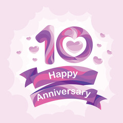 10 years anniversary vector icon logo greeting card design element with love for 10th anniversary