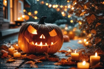 Halloween Pumpkin with Candles on Pathway