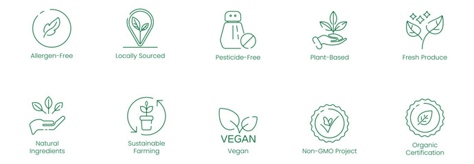 Allergen-Free, Locally Sourced, Pesticide-Free, Plant-Based, Fresh Produce, Natural Ingredients, Sustainable Farming, Vegan, Non-GMO Project, and Organic Certification Vector Illustration Icon Set