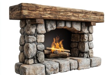 Rustic stone fireplace with a wooden mantel and burning fire isolated on white background. Generative Ai