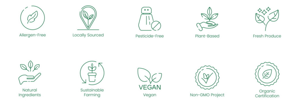 Allergen-Free, Locally Sourced, Pesticide-Free, Plant-Based, Fresh Produce, Natural Ingredients, Sustainable Farming, Vegan, Non-GMO Project, and Organic Certification Vector Illustration Icon Set