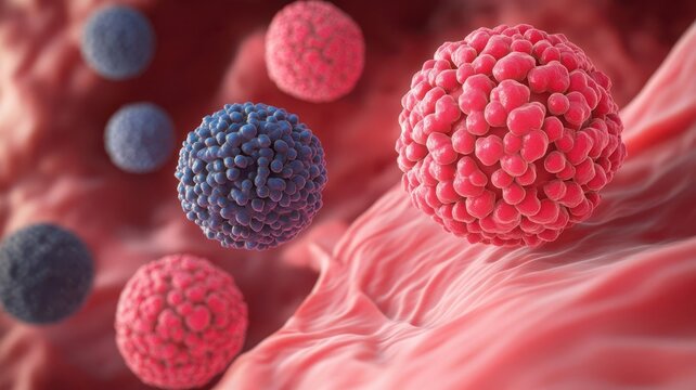 3D illustration of breast tissue with labeled healthy cells and cancer cells, early detection, breast cancer prevention