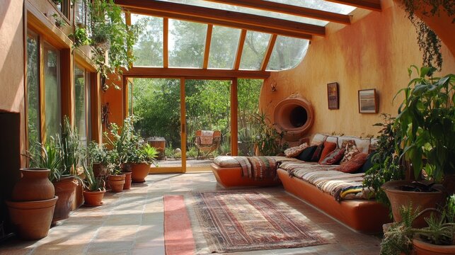 Sunlit adobe home interior with terracotta pots and colorful rug.