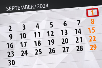 Fototapeta premium Calendar 2024, deadline, day, month, page, organizer, date, September, sunday, number 1