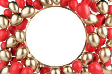A frame made of red and golden balloons on a white background. Perfect for celebration, birthday, or event invitations. 3D Rendering