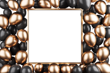 Black and gold balloons forming a rectangular frame on a white background. Perfect for festive celebrations and event announcements. 3D Rendering