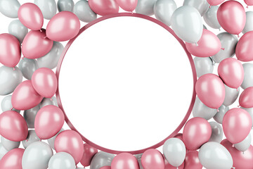 Pink and white balloons forming a circular frame on a white background. Perfect for birthday or celebration event templates and designs. 3D Rendering