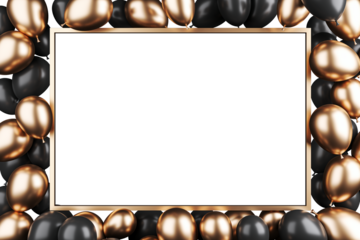 Gold and black balloons forming a border around a blank white frame. Isolated on a white background. Perfect for celebrations, parties, and events. 3D Rendering.